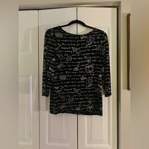 Women’s Black Textured Blouse W/ Slouchy White Writing & Patterning Approx. Sz M